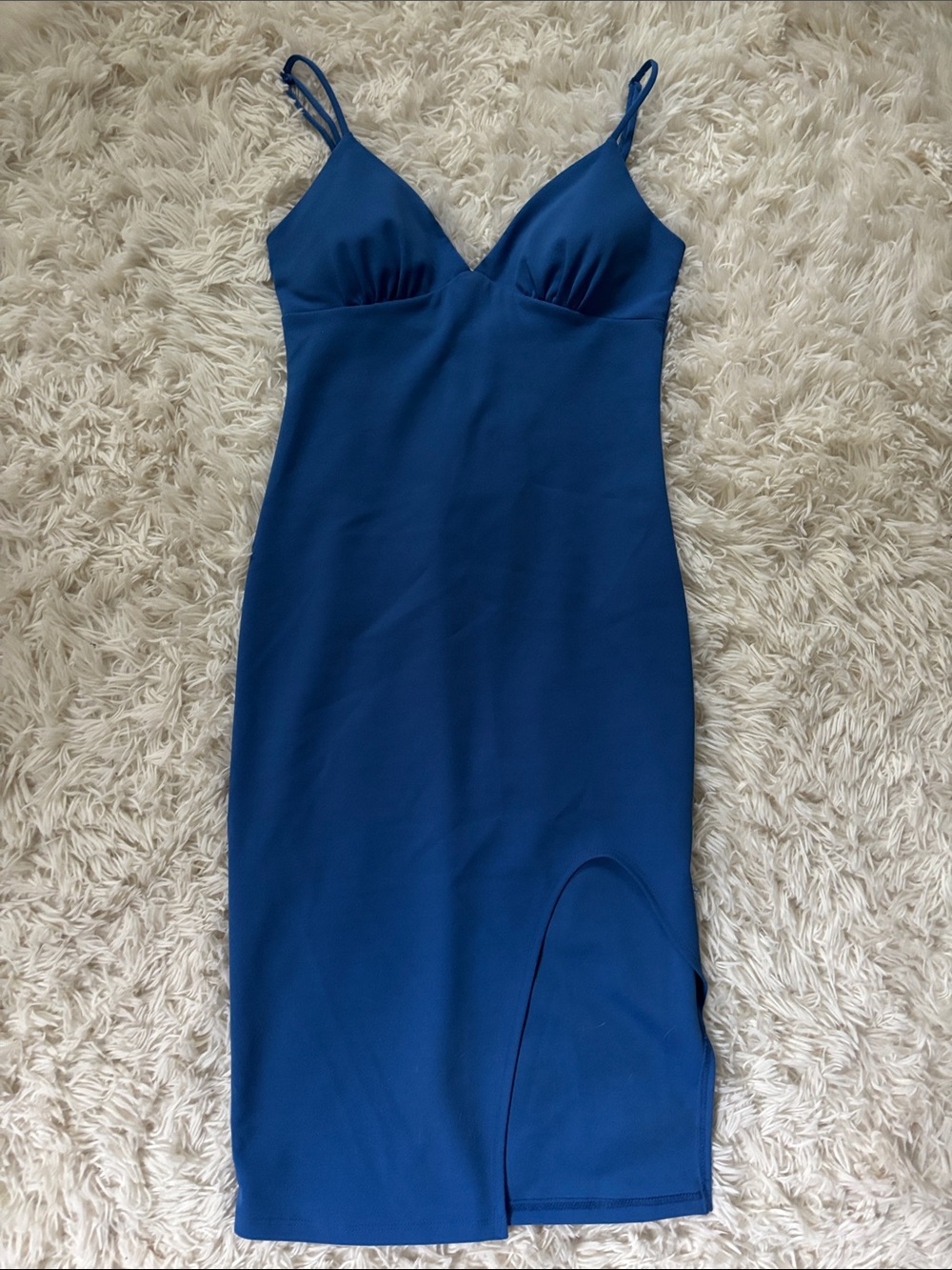 B Darlin Royal Blue V-Neck Double Spaghetti Strap Midi Dress